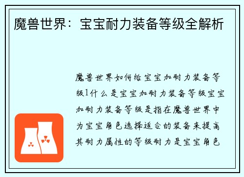 魔兽世界：宝宝耐力装备等级全解析